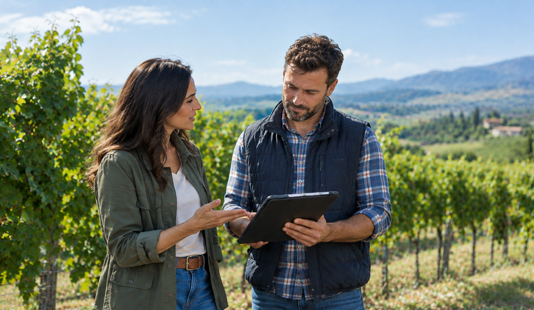 Two vineyard colleagues in daylight discussing information on a tablet, one speaking openly while the other listens attentively, representing trust and honest communication in the workplace.
